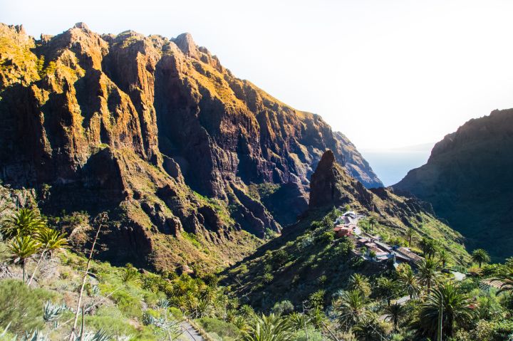 Stunning landscape in the Tenerife island with town on top of mountain taken from viewpoint during travel vacations in the island.