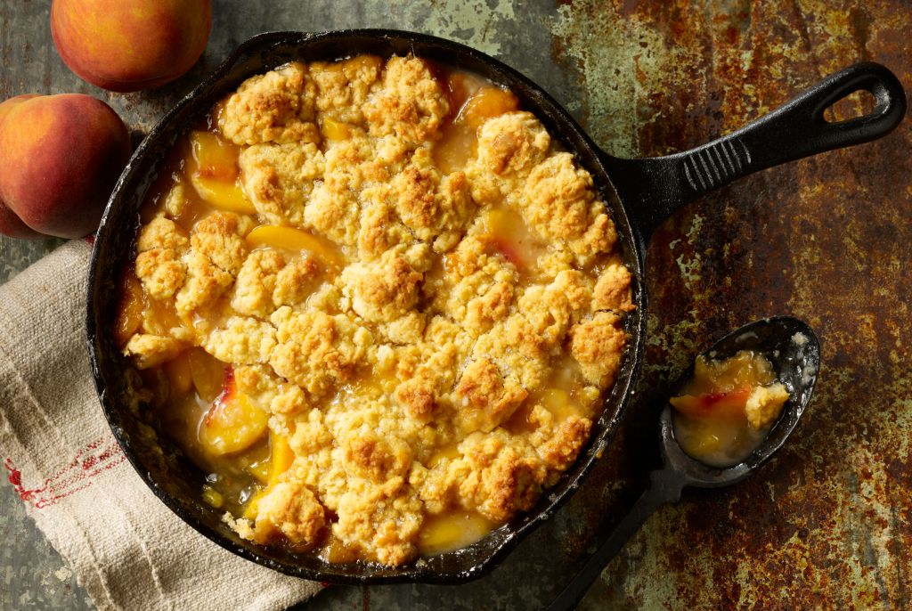 Overhead View of Skillet Of Peach Cobbler
