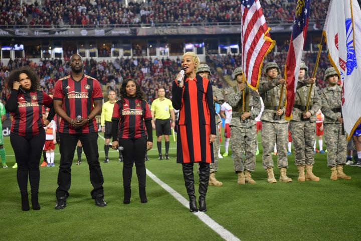 Monica Sings The National Anthem At The Atlanta United Vs Red Bull New York Inaugural MLS Game