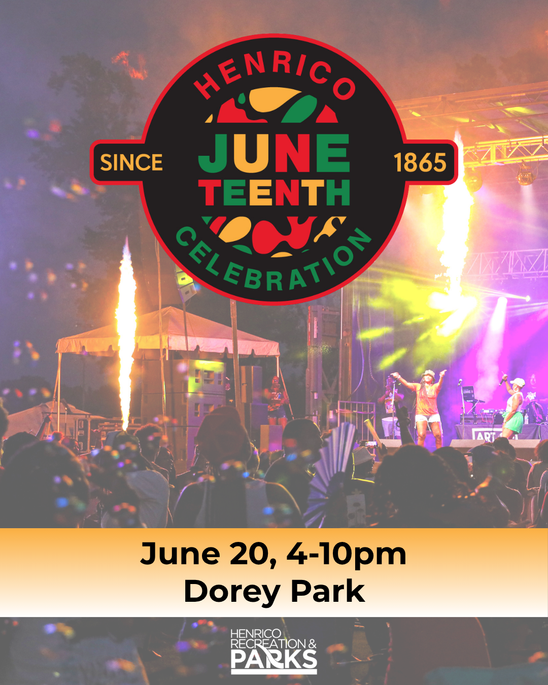 Henrico June Tenth Celebration event at Dorey Park, with stage, performers, and crowd of people enjoying the festivities.