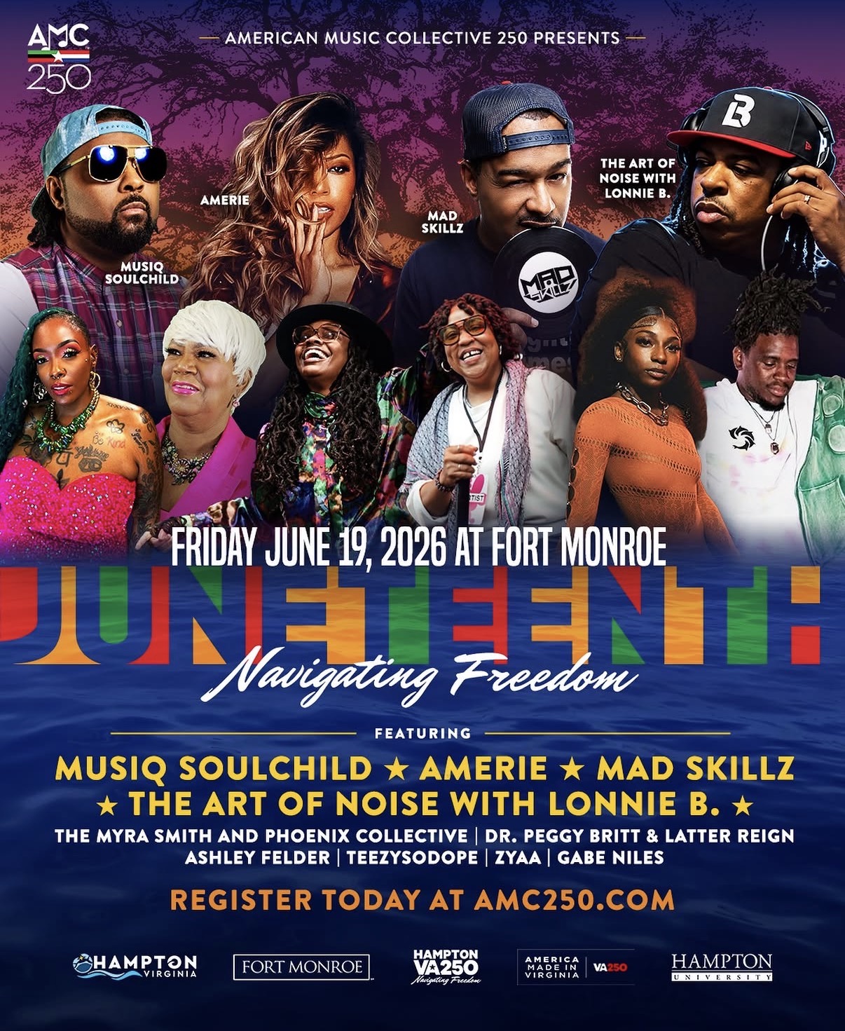 Promotional poster for the American Music Collective 250 event "Juneteenth: Navigating Freedom" featuring musical artists Musiq Soulchild, Amerie, Mad Skillz, The Art of Noise with Lonnie B., and others, taking place on June 19, 2026 at Fort Monroe.