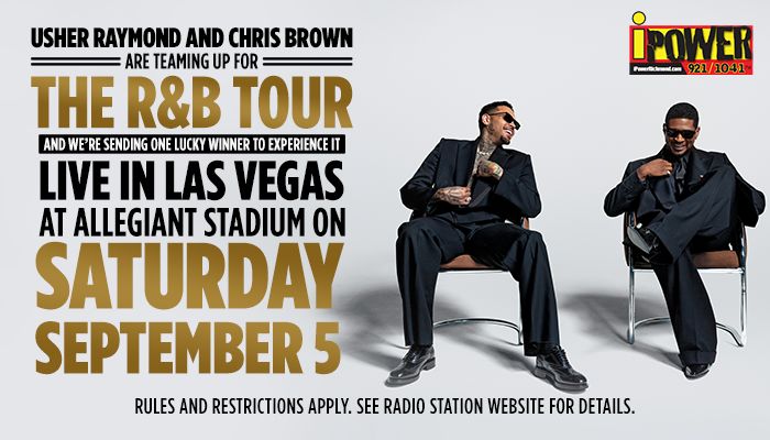 Usher Raymond and Chris Brown seated in chairs, promoting "The R&B Tour" live in Las Vegas at Allegiant Stadium on September 5.