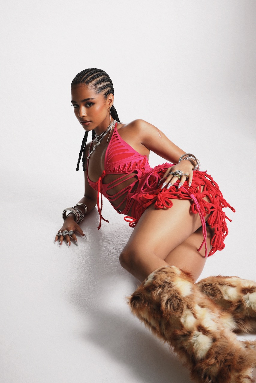 A person with braided hair wearing a red ruffled outfit and jewelry, posing on a white background with a leopard-print fur rug.