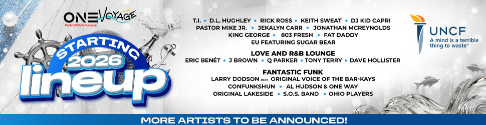 One Voyage music festival poster featuring lineup of artists performing in 2026 including T.I., D.L. Hughley, Rick Ross, Keith Sweat, and DJ Kid Capri.
