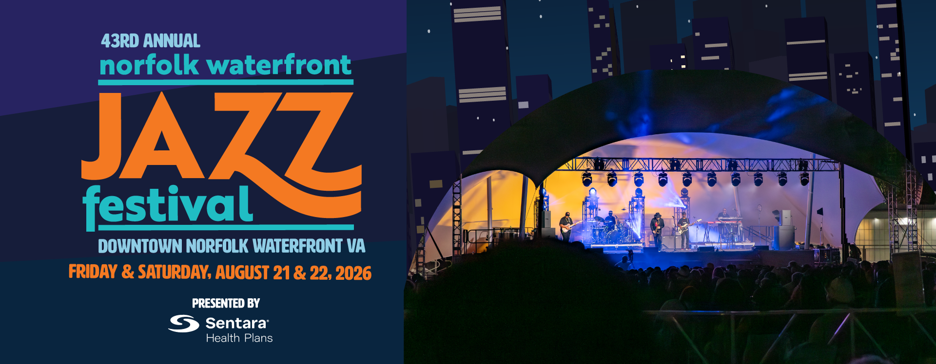 A nighttime scene of a large outdoor stage with performers on stage, surrounded by a city skyline backdrop, at the 43rd Annual Norfolk Waterfront Jazz Festival.