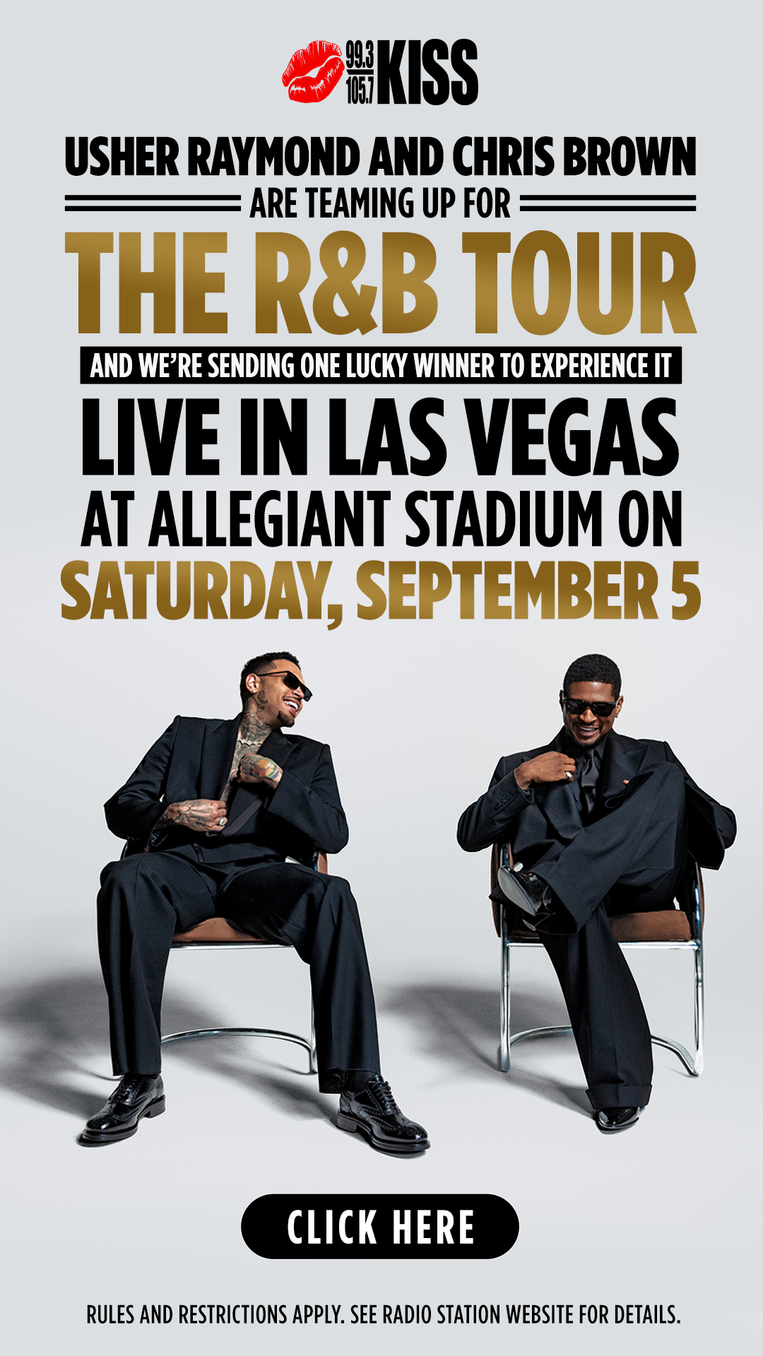 Usher Raymond and Chris Brown sitting in chairs, promoting their R&B tour at Allegiant Stadium in Las Vegas on September 5.