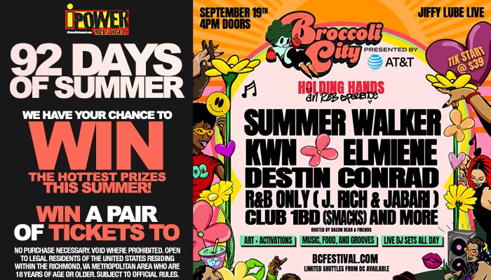 Colorful poster advertising a summer music festival with performers including Summer Walker, Kwn, Elmiene, Destin Conrad, and more. Text includes "92 Days of Summer" and "Broccoli City" festival details.