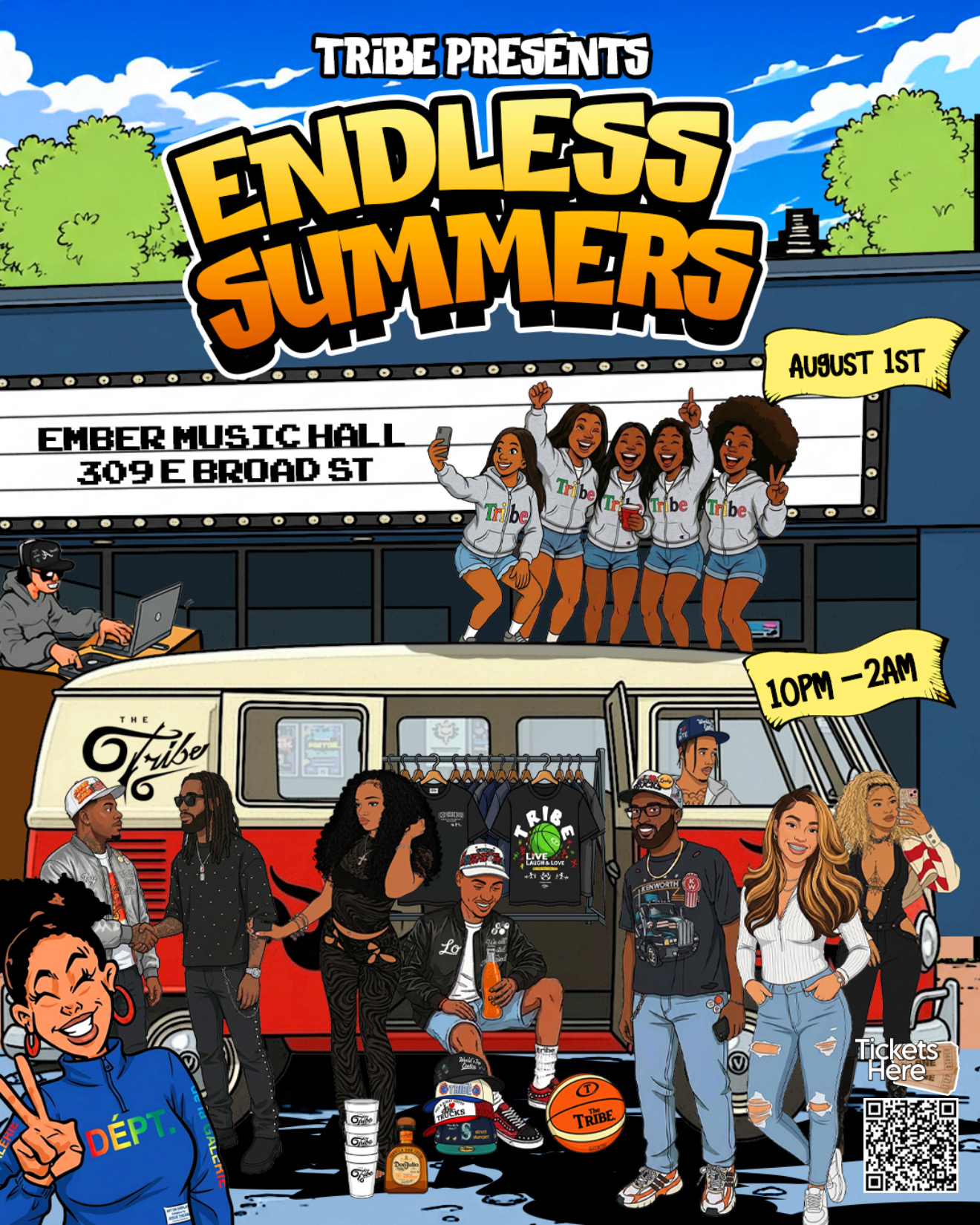 Tribe presents "Endless Summers" event at Ember Music Hall on August 1st, 10pm-2am. Poster features cartoon characters, a food truck, and a crowd of people.