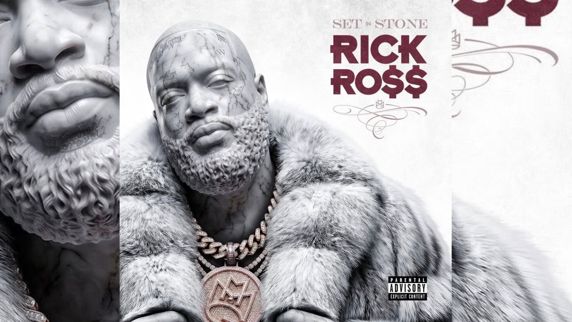 A close-up portrait of a man with a beard and tattoos, wearing a fur-trimmed coat and jewelry, against a white background with text "RICK ROSS" and "SET IN STONE" visible.