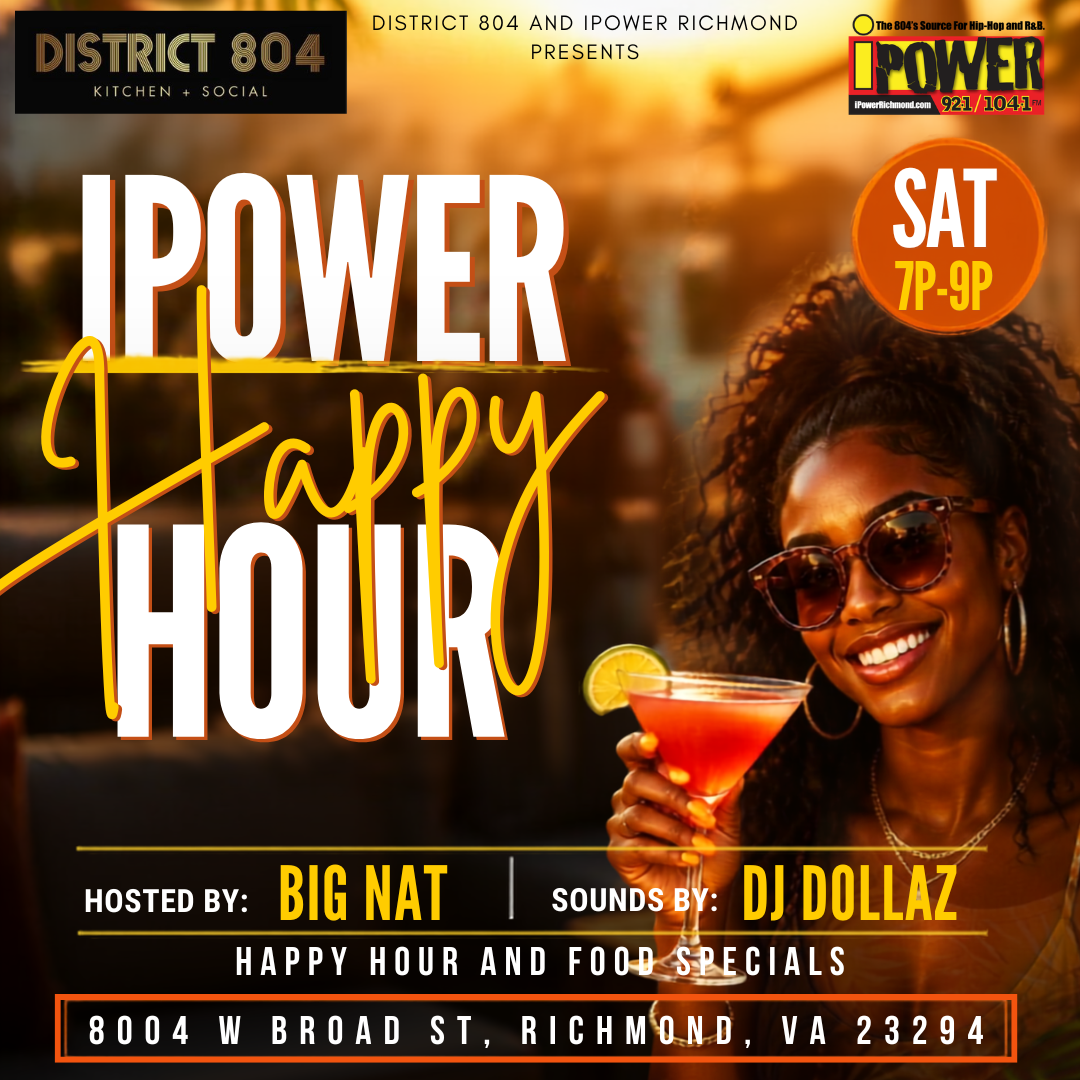 A smiling woman in sunglasses holding a cocktail at a happy hour event hosted by Big Nat with DJ Dollaz at District 804 Kitchen + Social in Richmond, VA.