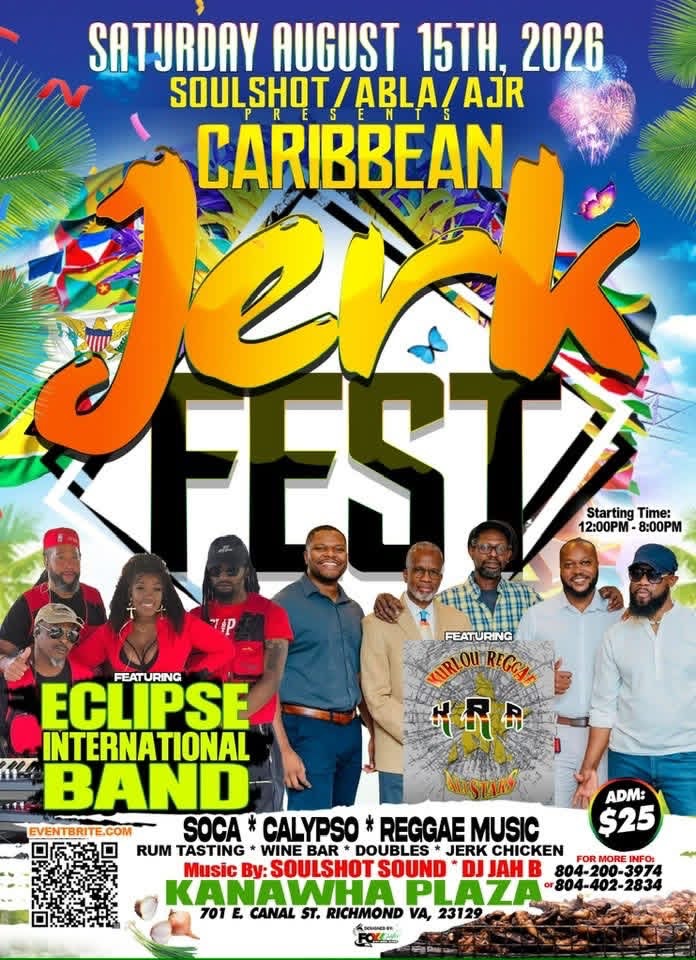 Caribbean Jerk Fest event poster featuring Eclipse International Band, Soca, Calypso, and Reggae music, rum tasting, and jerk chicken, taking place on August 15, 2026 in Richmond, VA.