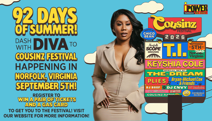 A woman in a beige outfit standing in front of a festival poster for Cousinz Festival happening in Norfolk, Virginia on September 5th.