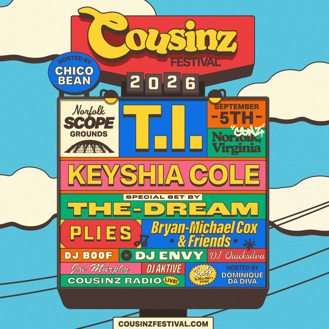 Colorful poster for the 2026 Cousinz Festival in Norfolk, Virginia, featuring musical acts like Keyshia Cole, The-Dream, and Bryan-Michael Cox & Friends.