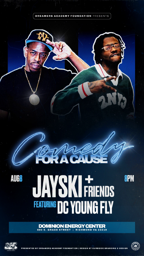 Promotional poster for a comedy event featuring two Black men, one wearing a baseball cap and the other wearing glasses, with the event title "Comedy for a Cause" and performers Jayski + Friends featuring DC Young Fly.