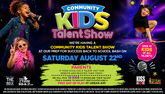 Community Kids Talent Show event poster featuring young performers singing and dancing on stage.
