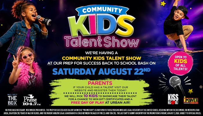 Community Kids Talent Show event poster featuring young performers singing and dancing on stage.