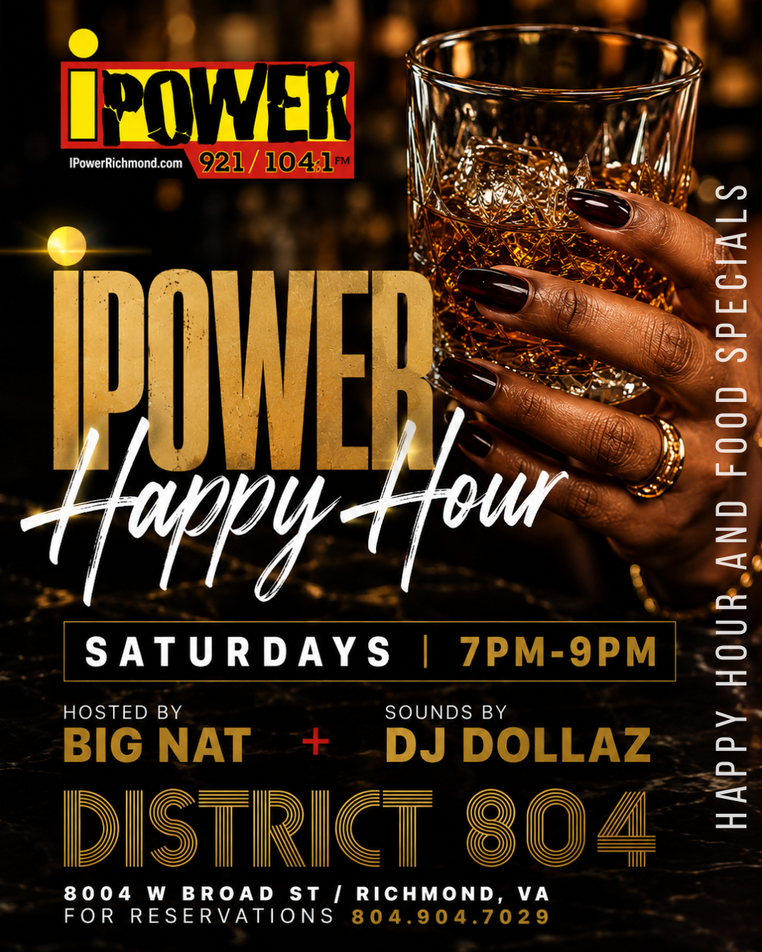A hand holding a glass of amber-colored liquor on a table, with the "iPower" radio station logo and "iPower Happy Hour" text displayed.