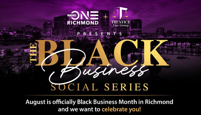 Purple cityscape with "Radio One Richmond presents The Black Business Social Series" text and logos for Radio One and Trustice Law Group.