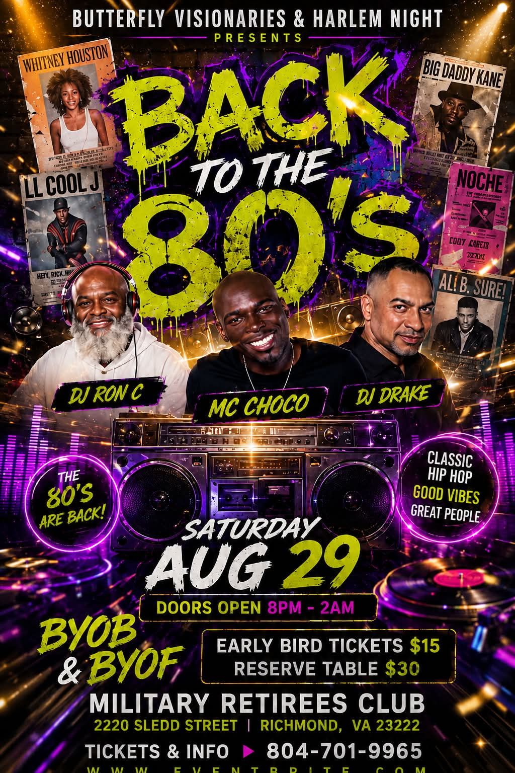 Flyer for a "Back to the 80s" hip hop event featuring DJs Ron C, Choco, and Drake, with classic album covers and a boombox in the center.