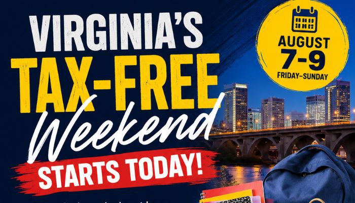 Virginia's tax-free weekend starts today, featuring a cityscape skyline at sunset with a bridge in the foreground.