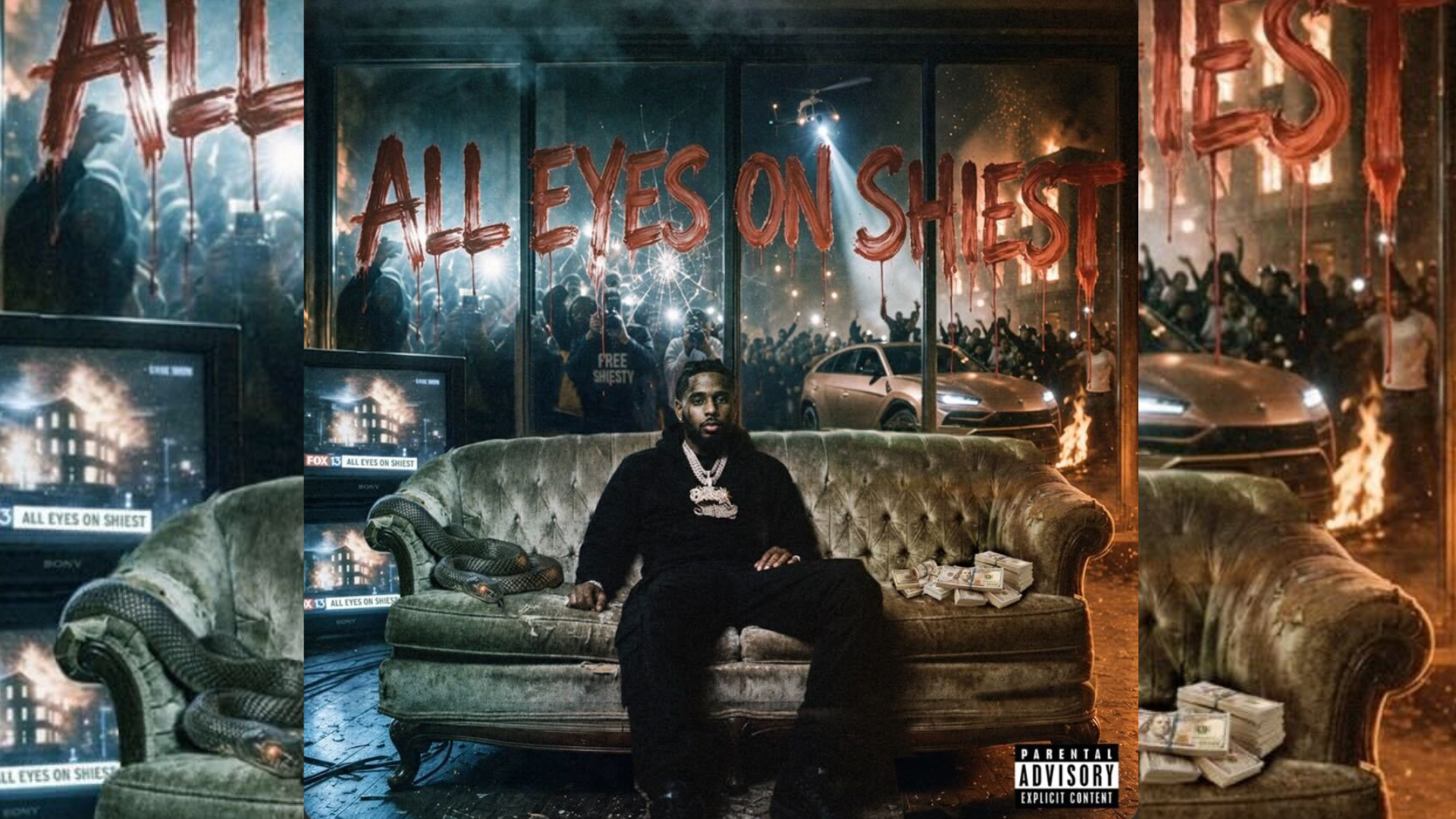 A man sitting on a couch in a chaotic urban setting, with graffiti on the windows reading "All Eyes on Shest" and a car on fire in the background.
