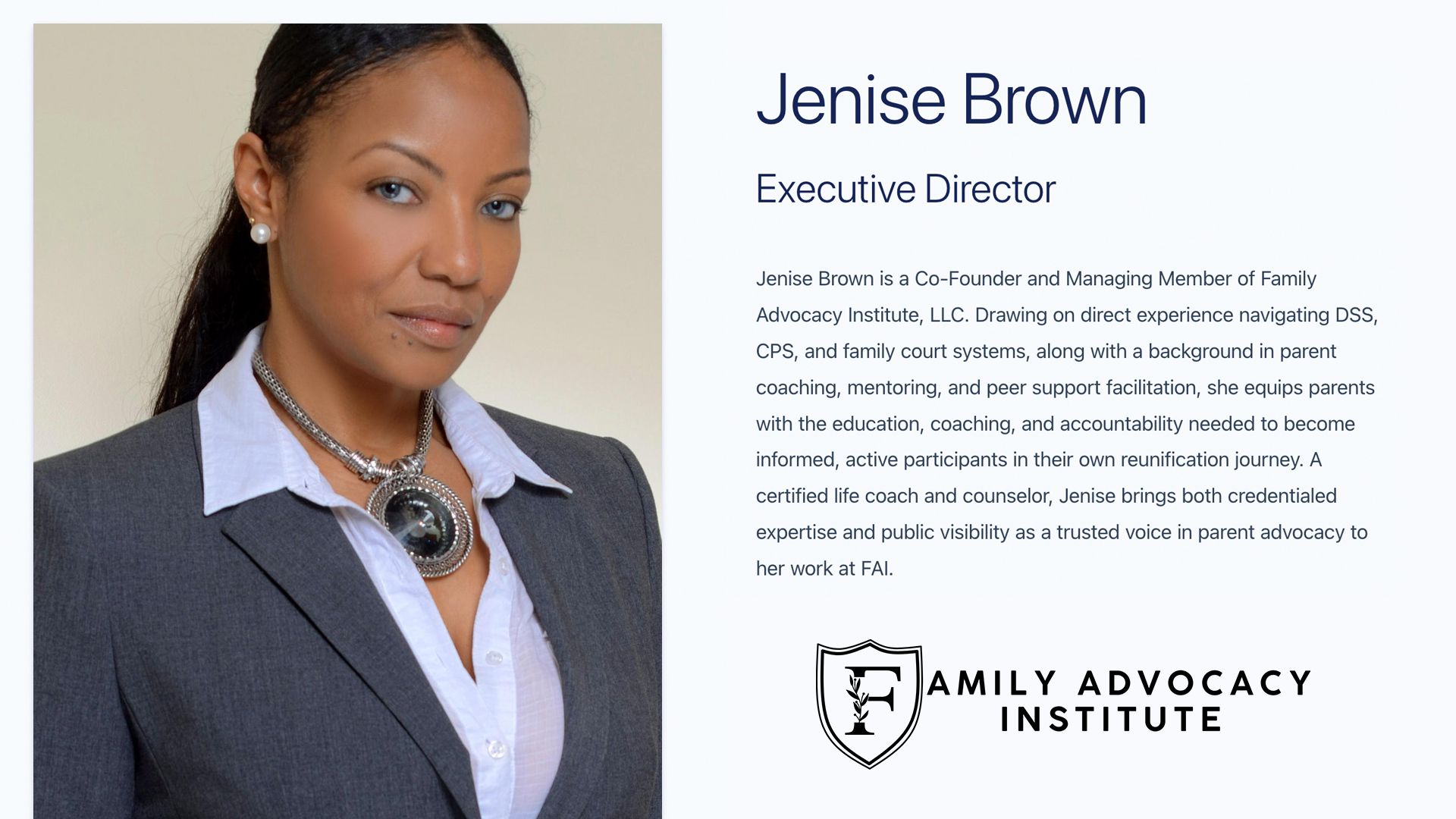 Headshot of Jenise Brown, Executive Director of Family Advocacy Institute, LLC. She is wearing a gray suit jacket and a necklace, and has a serious expression on her face.